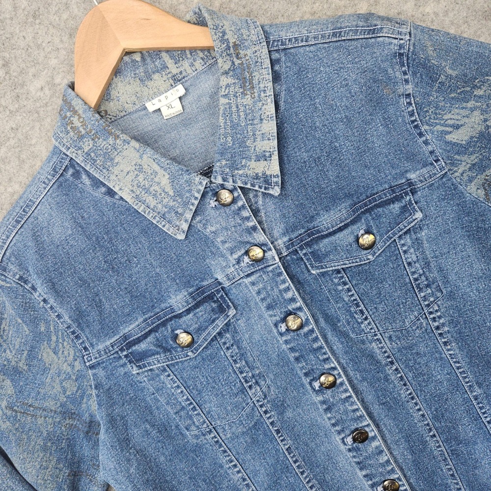 Lapis‎ Women's Blue Denim Jacket Size XL Cotton Blend Parisian Cityscape Graphic